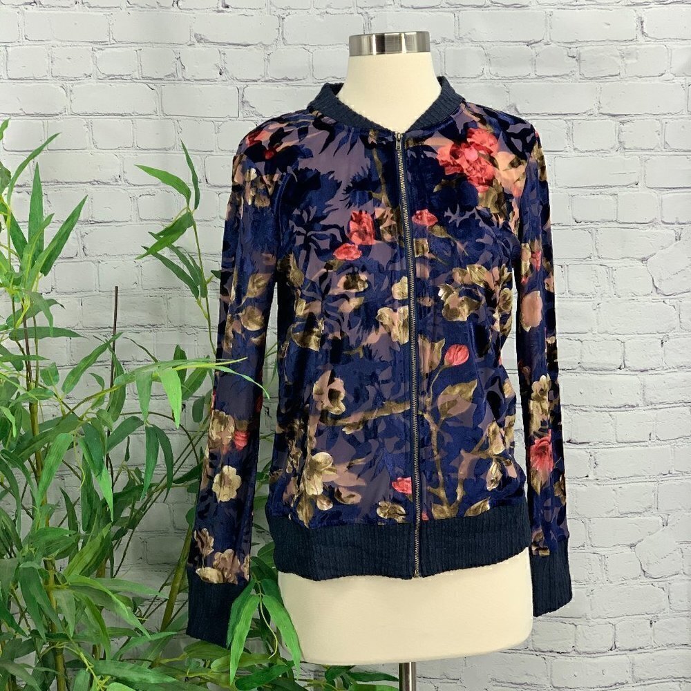 Mystree Navy Blue w/ Floral Velvet Bomber Jacket - Picture 1 of 8